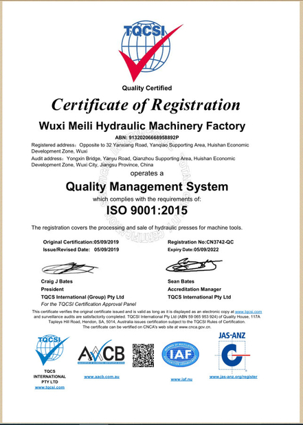 China Wuxi Meili Hydraulic Pressure Machine Factory Certificaten